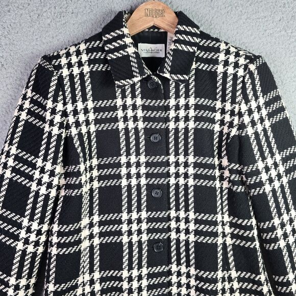 Villager Plaid Blazer Jacket 8 Black White Wool Blend Lined Padded Shoulder - Picture 6 of 14